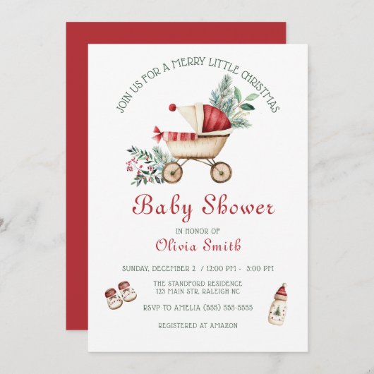 かわいいベビーカーメリーリトルクリスマスベビーシャワー 招待状 (正面/裏面)