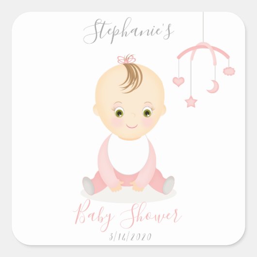 かわいいベビーガールと彼女の携帯ベビーシャワー スクエアシール (正面)