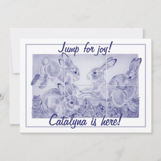 かわいいベビーガールまたはボーイバニーアートパーソナライズされた誕生 案内状 (正面)