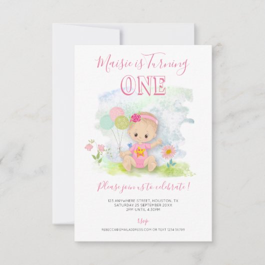 かわいいベビーガールイラストレーション1st誕生日パーティー 招待状 (正面)