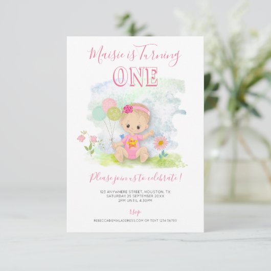 かわいいベビーガールイラストレーション1st誕生日パーティー 招待状 (スタンド正面)