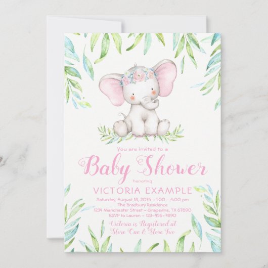 かわいいベビーガールエレファントベビーシャワー招待状 招待状 (正面)