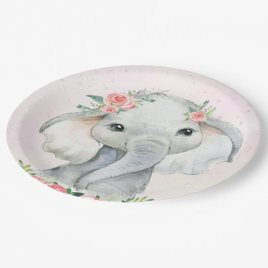 かわいいベビーガールエレファントベビーシャワー紙プレート ペーパープレート (アングル)