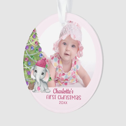 かわいいベビーガールエレファント初めてのクリスマスフォトピンク オーナメント (正面)
