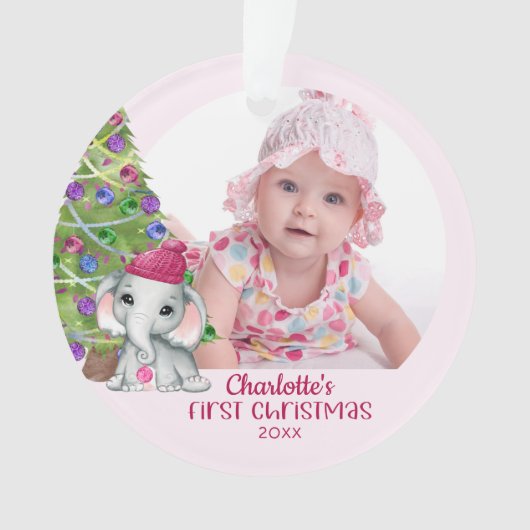 かわいいベビーガールエレファント初めてのクリスマスフォトピンク オーナメント (正面)