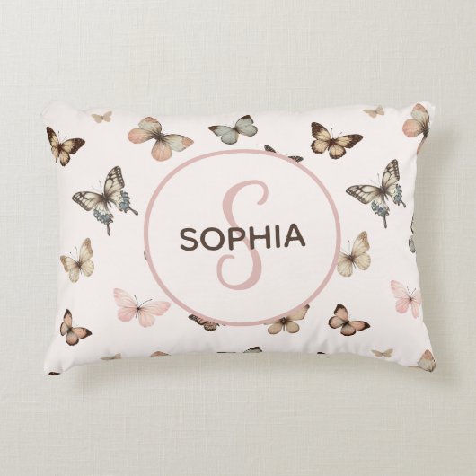 かわいいベビーガールカスタムモノグラムバタフライパターン アクセントクッション (正面)
