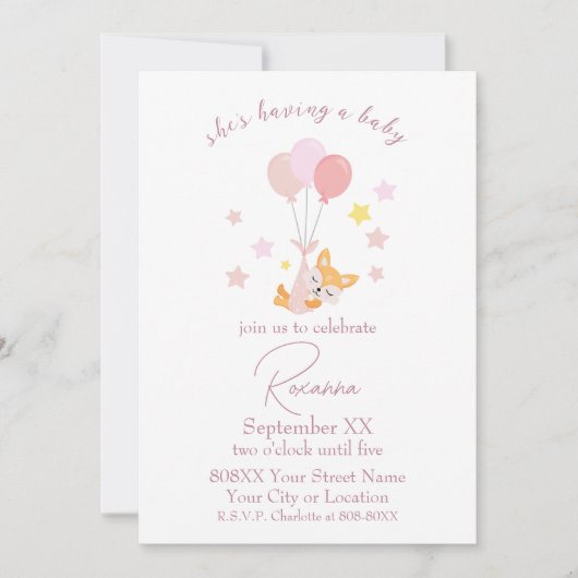 かわいいベビーガールキツネとバルーン赤ちゃんシャワー 招待状 (正面)