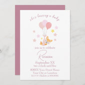 かわいいベビーガールキツネとバルーン赤ちゃんシャワー 招待状 (正面/裏面)