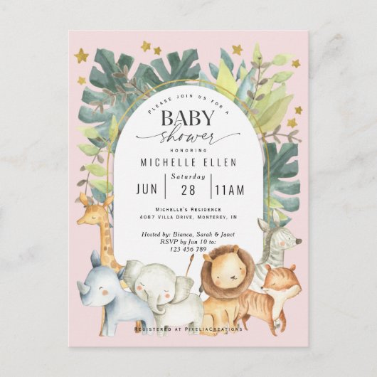 かわいいベビーガールサファリージャングルの動物のシモダンャワー インビテーションポストカード (正面)