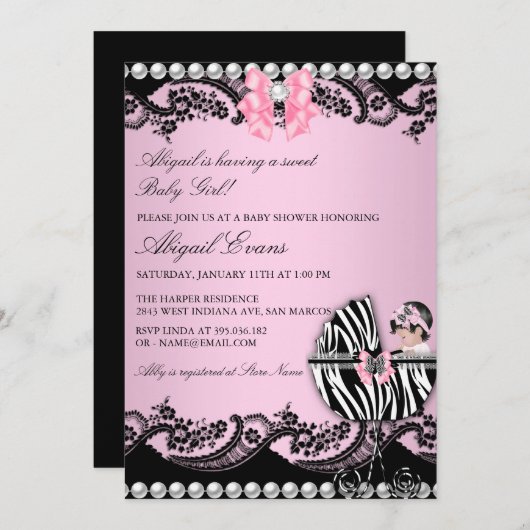 かわいいベビーガールゼブラレース&ボーズベビーシャワー 招待状 (正面/裏面)