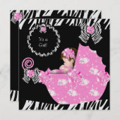 かわいいベビーガールゼブラ赤ちゃんシャワーピンクPram 招待状 (正面/裏面)