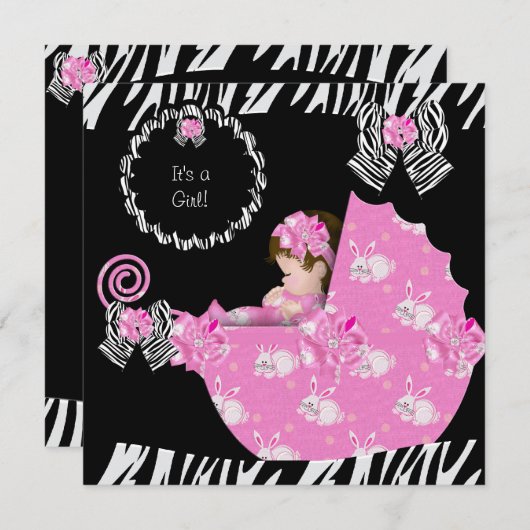 かわいいベビーガールゼブラ赤ちゃんシャワーピンクPram 招待状 (正面/裏面)