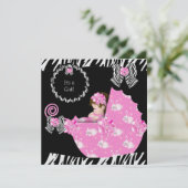 かわいいベビーガールゼブラ赤ちゃんシャワーピンクPram 招待状 (スタンド正面)