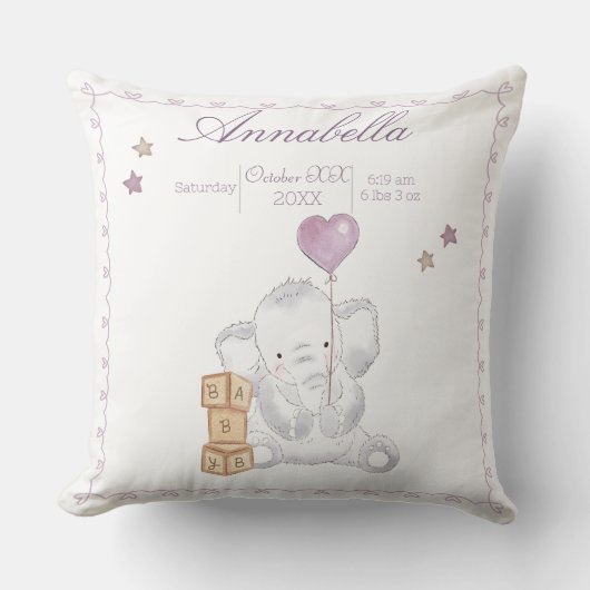 かわいいベビーガールゾウとバルーンウォーター色 クッション (正面)