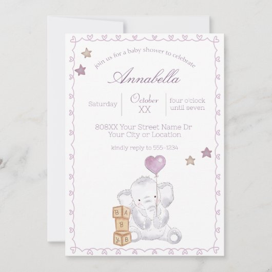 かわいいベビーガールゾウとバルーンウォーター色 招待状 (正面)