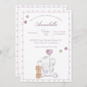 かわいいベビーガールゾウとバルーンウォーター色 招待状 (正面/裏面)