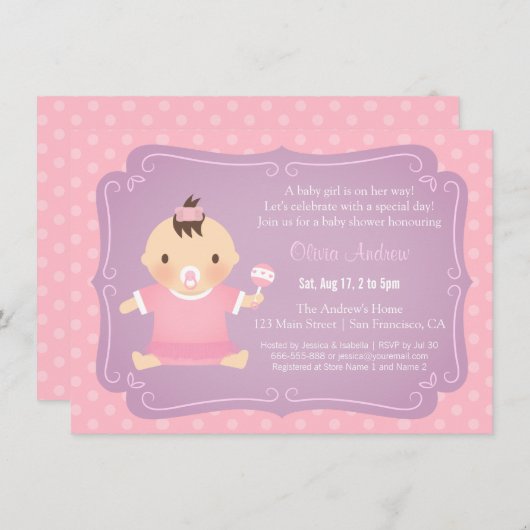 かわいいベビーガールツツベビーシャワー招待状 招待状 (正面/裏面)