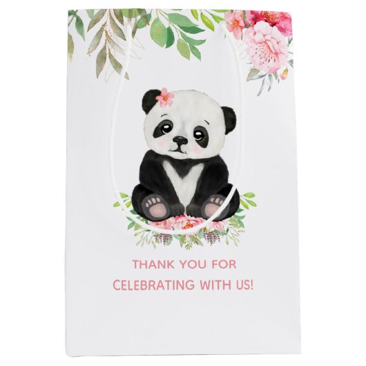 かわいいベビーガールパンダ赤面ピンクベビーシャワー ミディアムペーパーバッグ (正面)