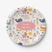 かわいいベビーガールピンクのおもちゃパターン赤ちゃんシャワー ペーパープレート (正面)