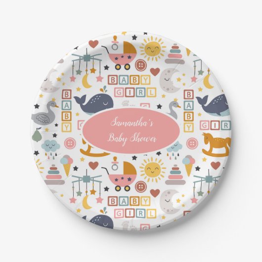 かわいいベビーガールピンクのおもちゃパターン赤ちゃんシャワー ペーパープレート (正面)