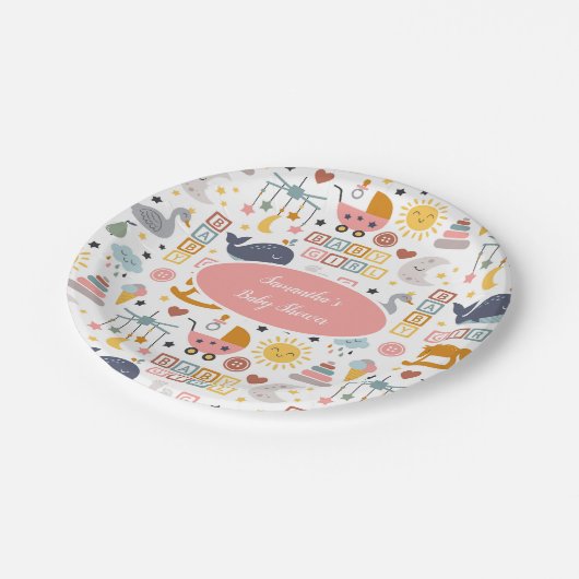 かわいいベビーガールピンクのおもちゃパターン赤ちゃんシャワー ペーパープレート (アングル)