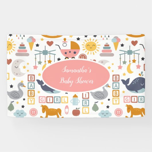 かわいいベビーガールピンクのおもちゃパターン赤ちゃんシャワー 横断幕 (横)