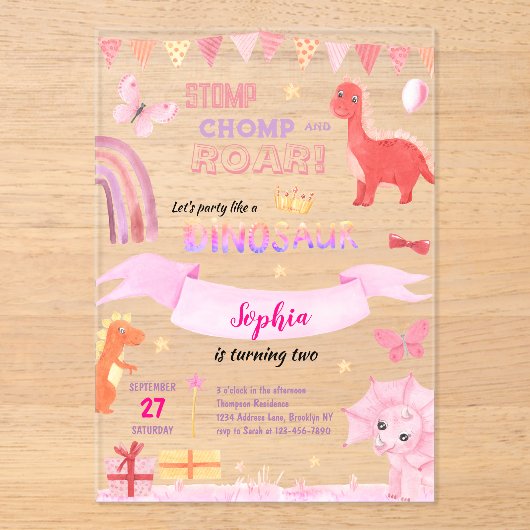 かわいいベビーガールピンクディノ恐竜子供の誕生日 アクリル招待状 (正面)