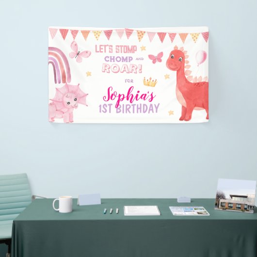 かわいいベビーガールピンクディノ恐竜子供の誕生日 横断幕 (トレードショー)