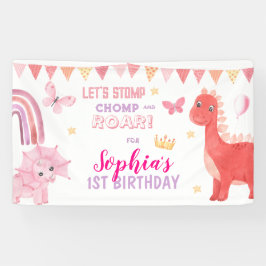 かわいいベビーガールピンクディノ恐竜子供の誕生日 横断幕