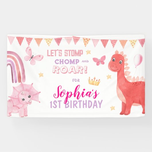 かわいいベビーガールピンクディノ恐竜子供の誕生日 横断幕 (横)