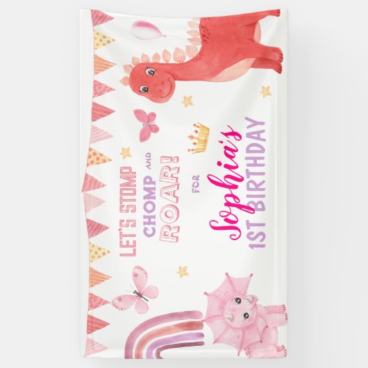 かわいいベビーガールピンクディノ恐竜子供の誕生日 横断幕 (縦)