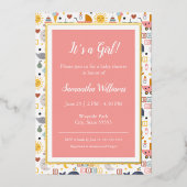 かわいいベビーガールピンク柄ベビーシャワー金ゴールド 箔招待状 (正面)