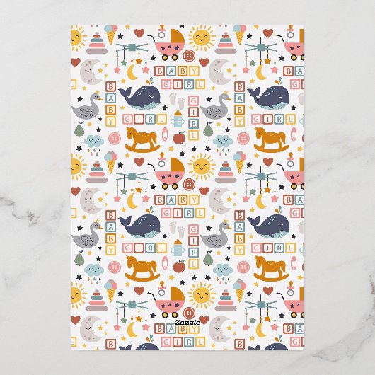 かわいいベビーガールピンク柄ベビーシャワー金ゴールド 箔招待状 (裏面)