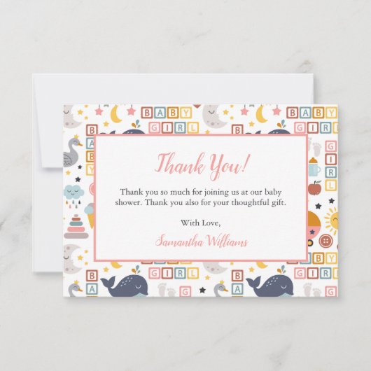 かわいいベビーガールピンク柄ベビーシャワー サンキューカード (正面)