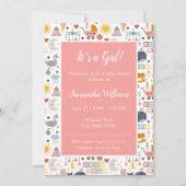 かわいいベビーガールピンク柄ベビーシャワー 招待状 (正面)