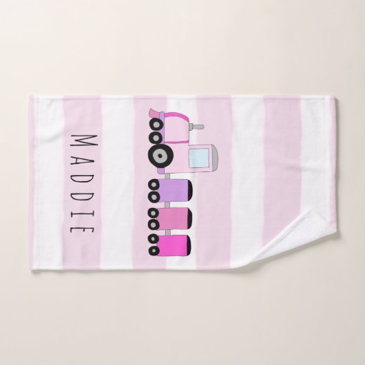 かわいいベビーガールピンク機関車列車&名前 バスタオルセット (ハンドタオル)