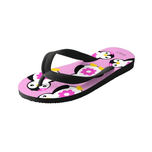 かわいいベビーガールペンギンとピンクの花 キッズビーチサンダル (アングル)