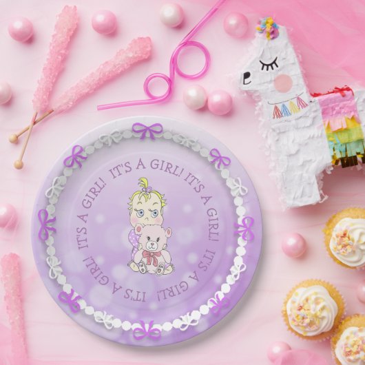 かわいいベビーガール持ちテディベア赤ちゃんシャワー ペーパープレート (パーティー)