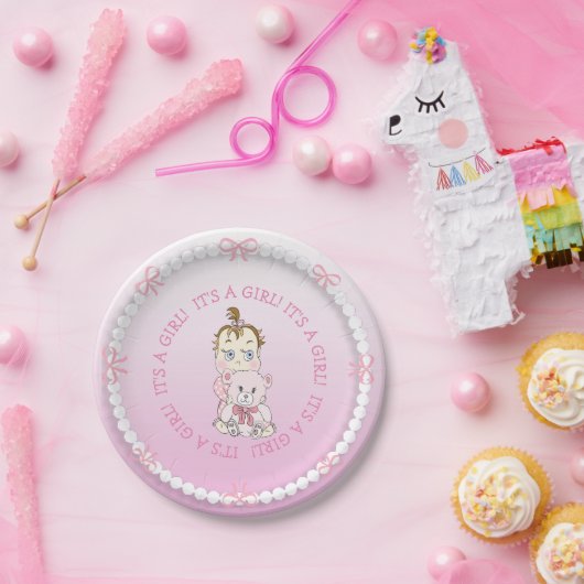 かわいいベビーガール持ちテディベア赤ちゃんシャワー ペーパープレート (パーティー)