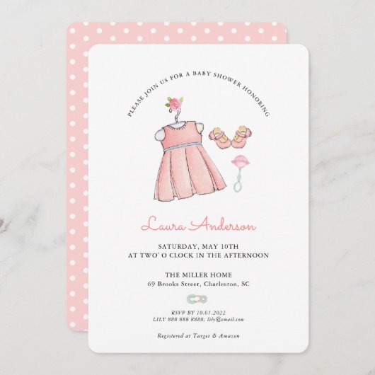 かわいいベビーガール服ベビーシャワー招待状 招待状 (正面/裏面)