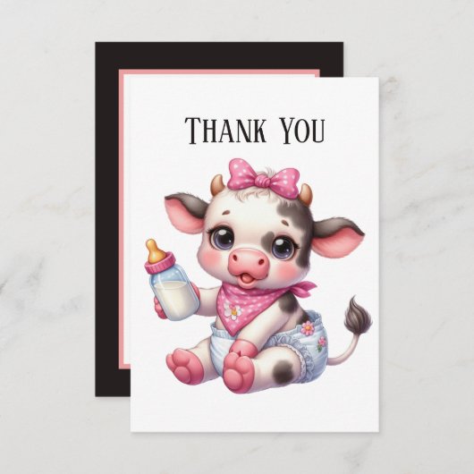 かわいいベビーガール牛のメッセージを追加 サンキューカード (正面/裏面)