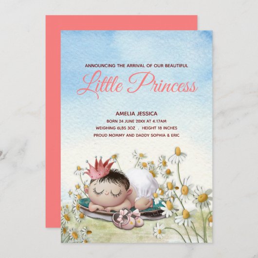 かわいいベビーガール眠るプリンセス告知カード 案内状 (正面/裏面)
