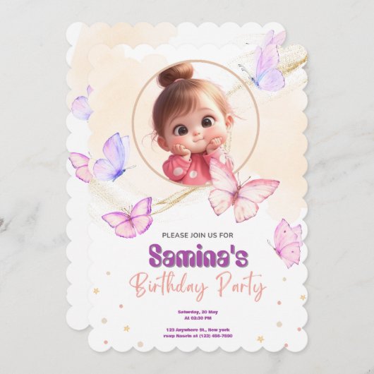 かわいいベビーガール誕生日パーティーへの招待（ピンク） セーブザデート (正面/裏面)