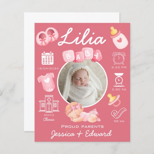 かわいいベビーガール誕生統計ピンク生まれたばかりのモダン (正面/裏面)
