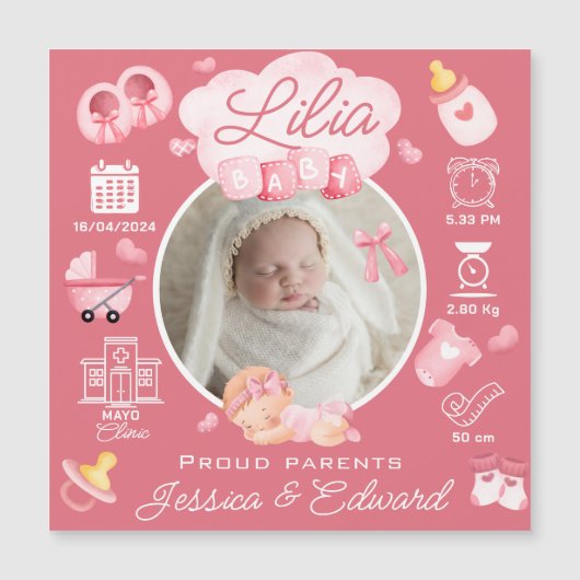 かわいいベビーガール誕生統計ピンク生まれたばかりのモダン (正面)