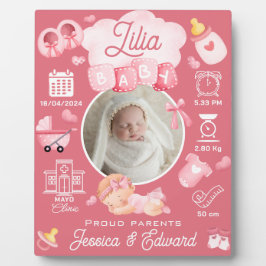 かわいいベビーガール誕生統計ピンク生まれたばかりのモダン フォトプラーク