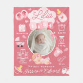 かわいいベビーガール誕生統計ピンク生まれたばかりのモダン フリースブランケット (正面)