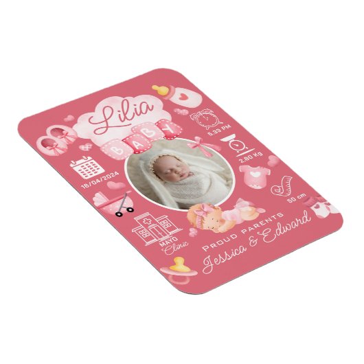 かわいいベビーガール誕生統計ピンク生まれたばかりのモダン マグネット (右側)