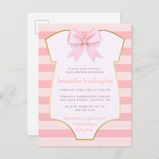 かわいいベビーガール赤面ピンクボウ&金ゴールドベビーシャワー インビテーションポストカード (正面/裏面)