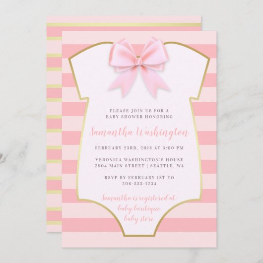 かわいいベビーガール赤面ピンクボウ&金ゴールドベビーシャワー 招待状 (正面/裏面)